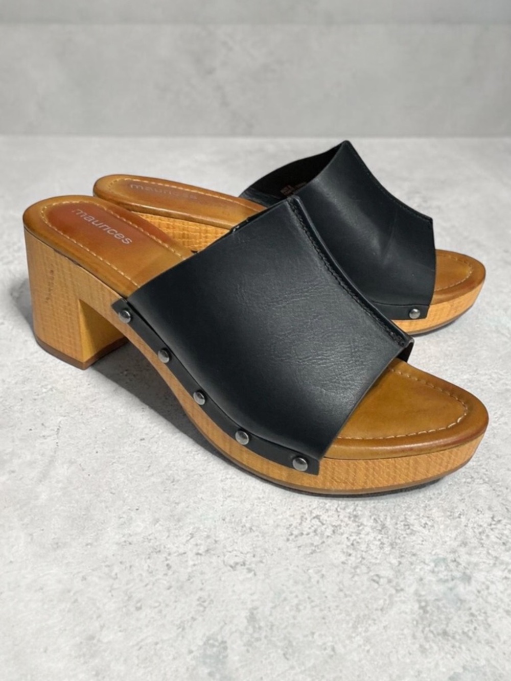 Maurices Sammi Black Faux Leather Studded Block Heeled Open Toe Clogs